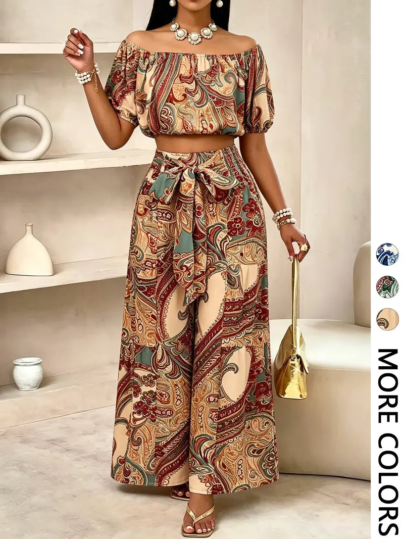 Women's solid-color wide-leg pant set, casual off-shoulder top and palazzo pants for summer, beach vacation wear for women.