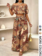 Women's solid-color wide-leg pant set, casual off-shoulder top and palazzo pants for summer, beach vacation wear for women.