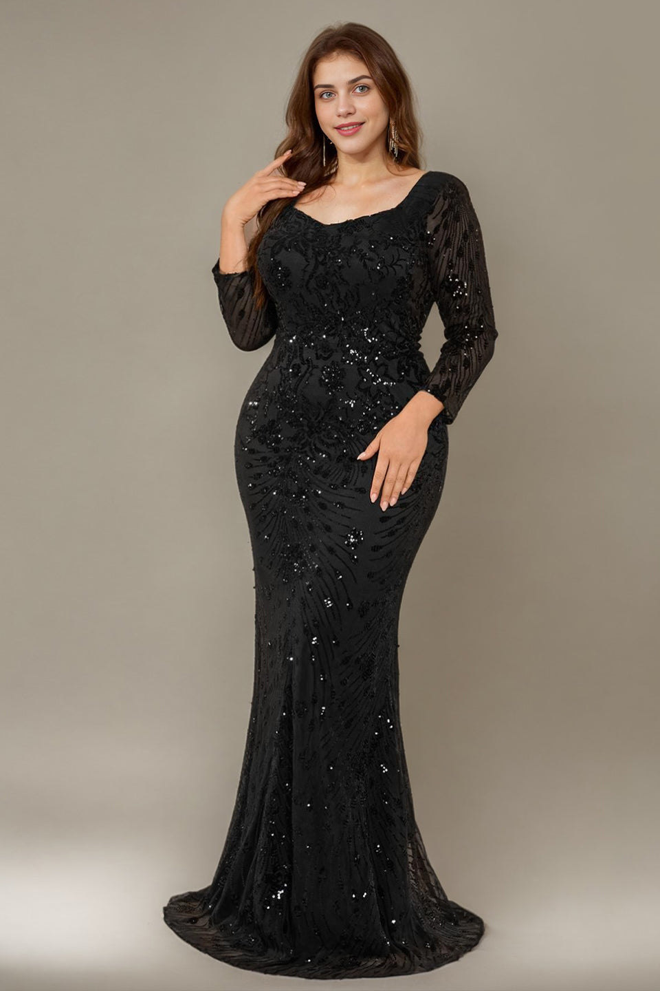 Curveins Plus Size V Neck Long Sleeve Sequin Floral Pattern Elegant Maxi Dress