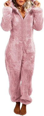Womens Fleece Onesies Pajamas Jumpsuit Warm Sherpa Romper Sleepwear One Piece Zipper Hooded Playsuit Loungewear