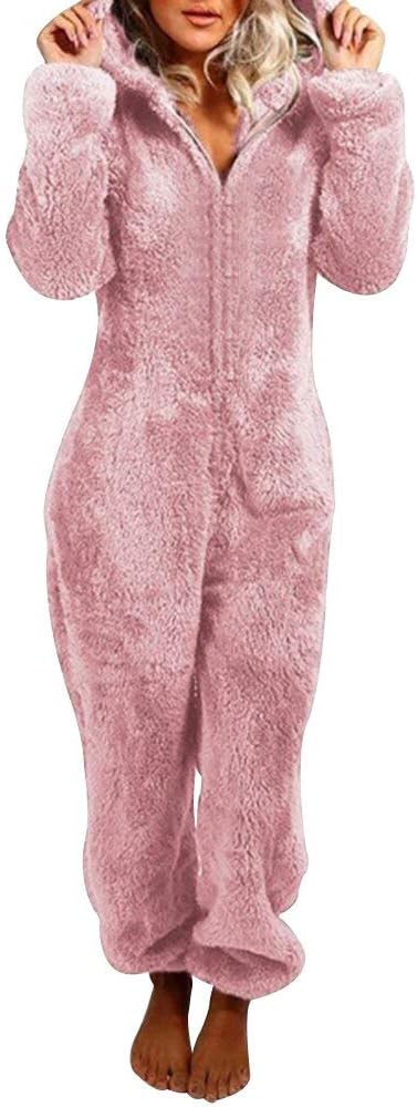 Womens Fleece Onesies Pajamas Jumpsuit Warm Sherpa Romper Sleepwear One Piece Zipper Hooded Playsuit Loungewear