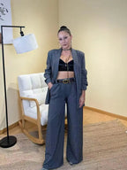 Complete Jacket and Trousers Set with Micro Sequins, 2-piece set with belt, Women's One Size, Elegant and Versatile