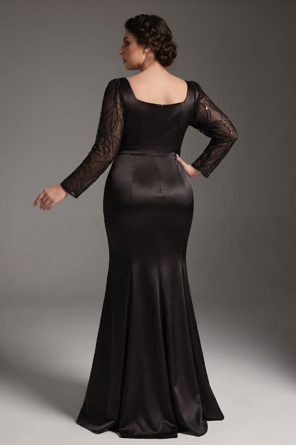 Curveins Plus Size Round Neck Long Sleeve Patchwork Ruched Waist Bodycon Maxi Dress