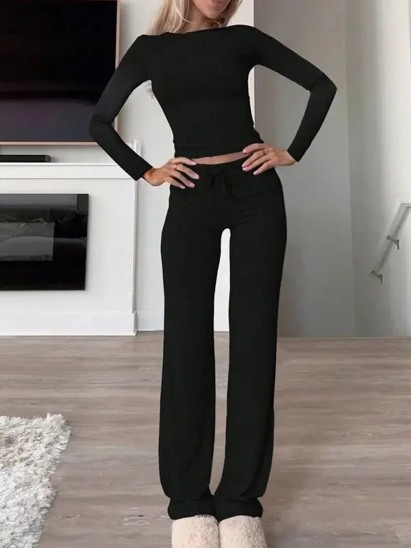 Women's Solid Ruched Drawstring Loungewear Set, Casual Long Sleeve Round Neck Top & Pocket Wide Leg Trousers, Ladies Sleepwear for All Seasons