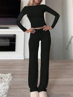Women's Solid Ruched Drawstring Loungewear Set, Casual Long Sleeve Round Neck Top & Pocket Wide Leg Trousers, Ladies Sleepwear for All Seasons