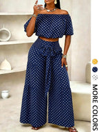 Women's solid-color wide-leg pant set, casual off-shoulder top and palazzo pants for summer, beach vacation wear for women.