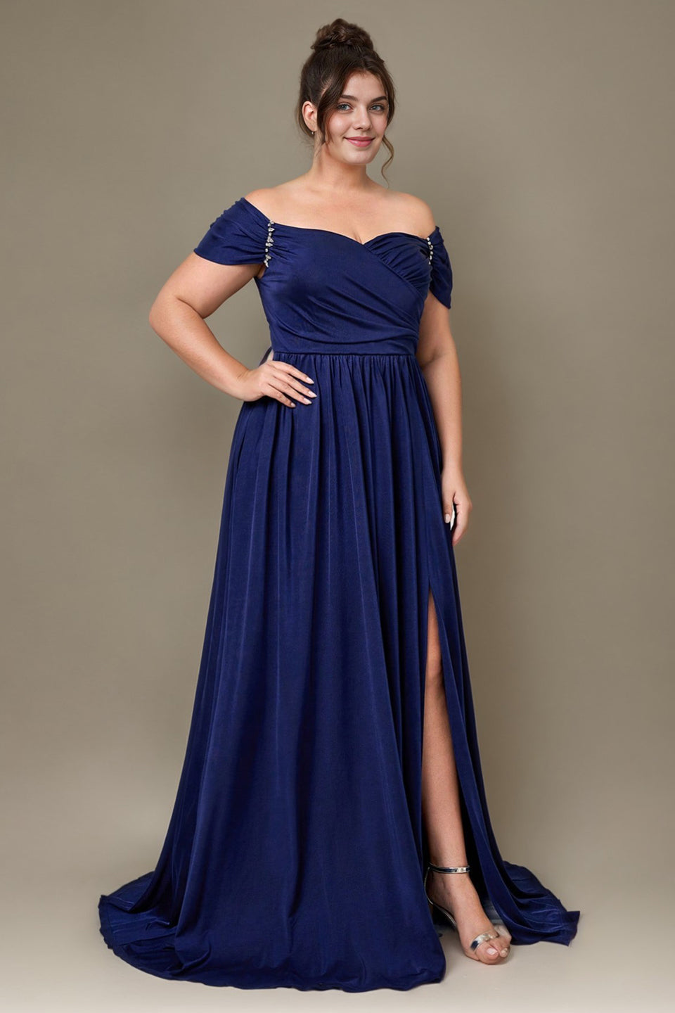 Curveins Plus Size Off Shoulder Wrinkle Detail Split Hem Flared Maxi Dress