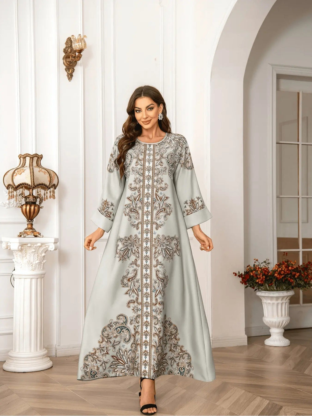 Elegant Boho Muslim Women's Long Robe, All over Print, Loose-Fitting, Round Neck, Flap Sleeves, Long Sleeve, All Seasons