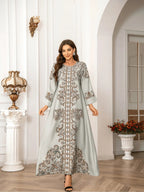 Elegant Boho Muslim Women's Long Robe, All over Print, Loose-Fitting, Round Neck, Flap Sleeves, Long Sleeve, All Seasons