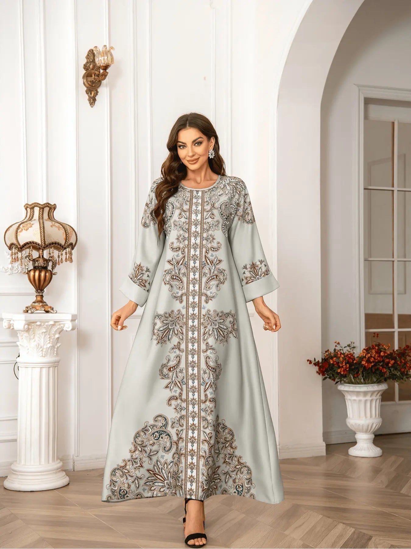 Elegant Boho Muslim Women's Long Robe, All over Print, Loose-Fitting, Round Neck, Flap Sleeves, Long Sleeve, All Seasons