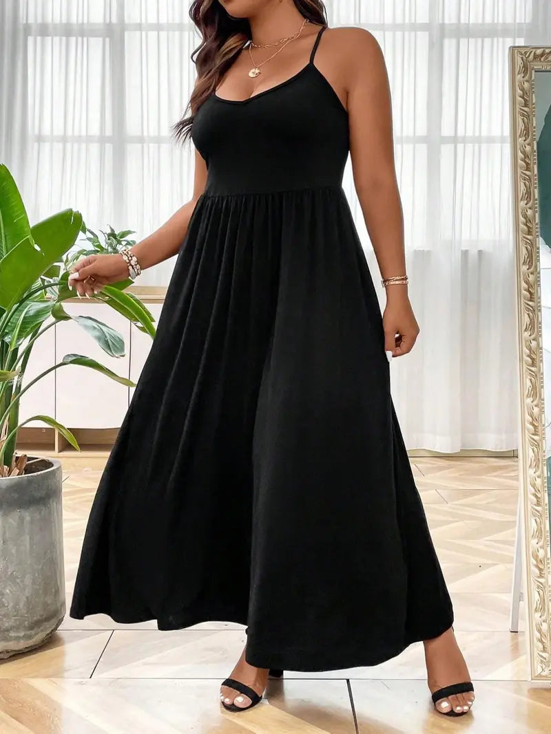 Plus Size Criss Cross Backless Cami Dress, Casual Solid Sleeveless Spaghetti Strap A-Line Dress for Summer, Women's Clothes for Party Holiday