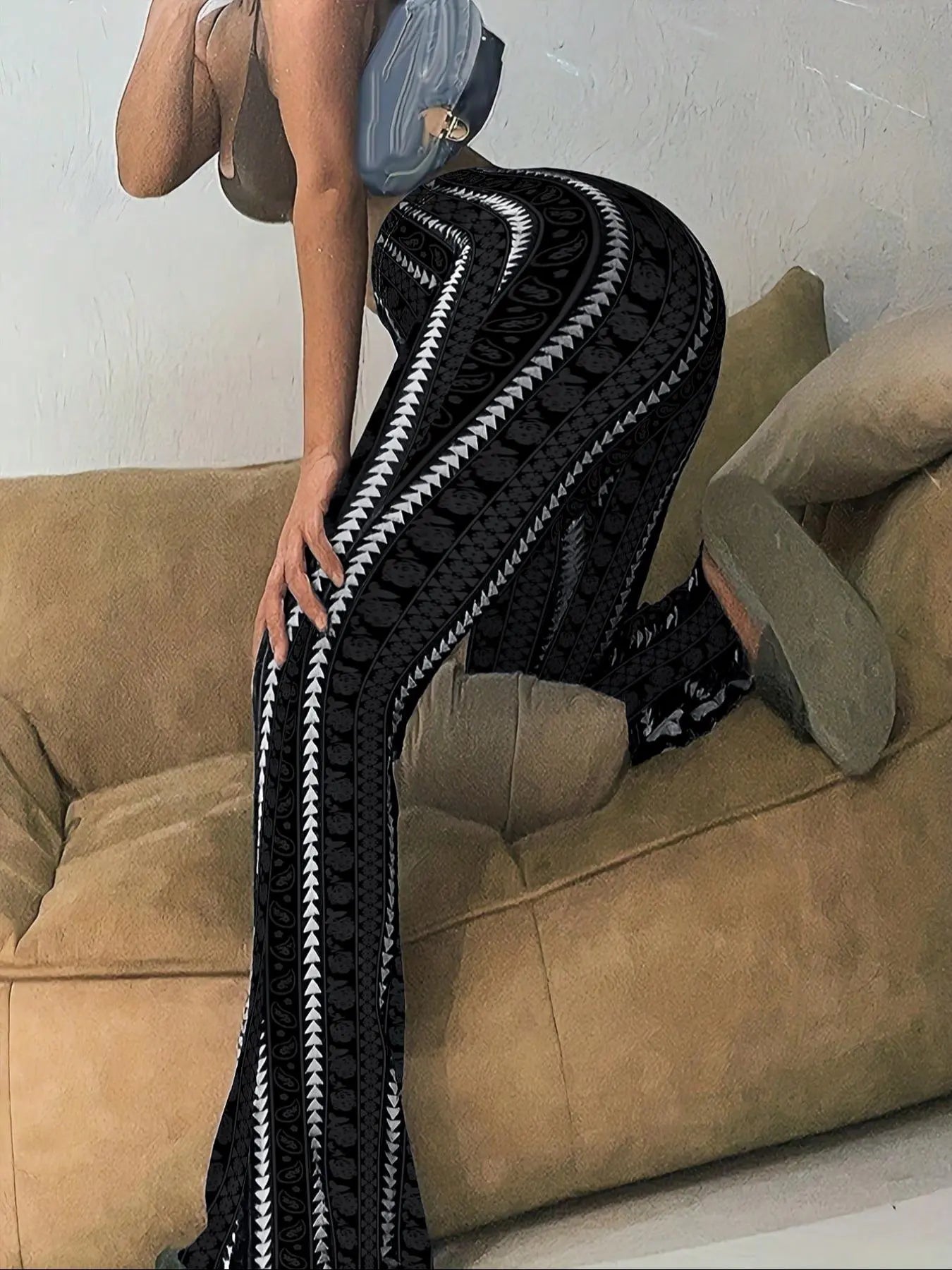 Women's Geometric Print Flared-Leg Knit Fitted Pants, Summer Casual Comfy Chic Trousers for Daily Wear, Ladies Bottoms for All Seasons