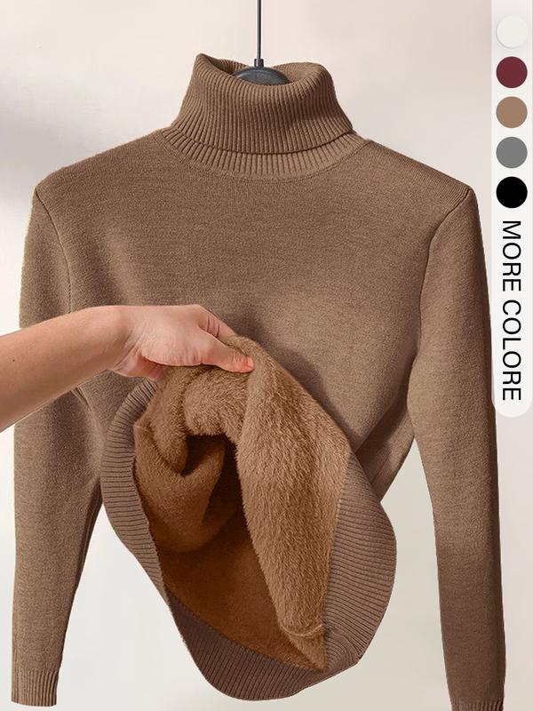 Women's Solid Thermal Lined Drop Shoulder High Neck Sweater, Casual Solid Long Sleeve Jumper For Daily Outdoor Wear, Women Knit Top for Fall & Winter