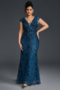 Curveins Plus Size V-neck and Waist Cinch Sequin Maxi Dress