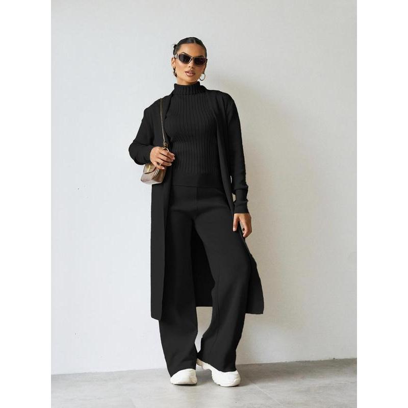 Trendy Knit Turtle Neck Tank & Wide Leg Trousers with Open-front Long Cardigan Three-piece Clothes Sets, Casual Womenswear