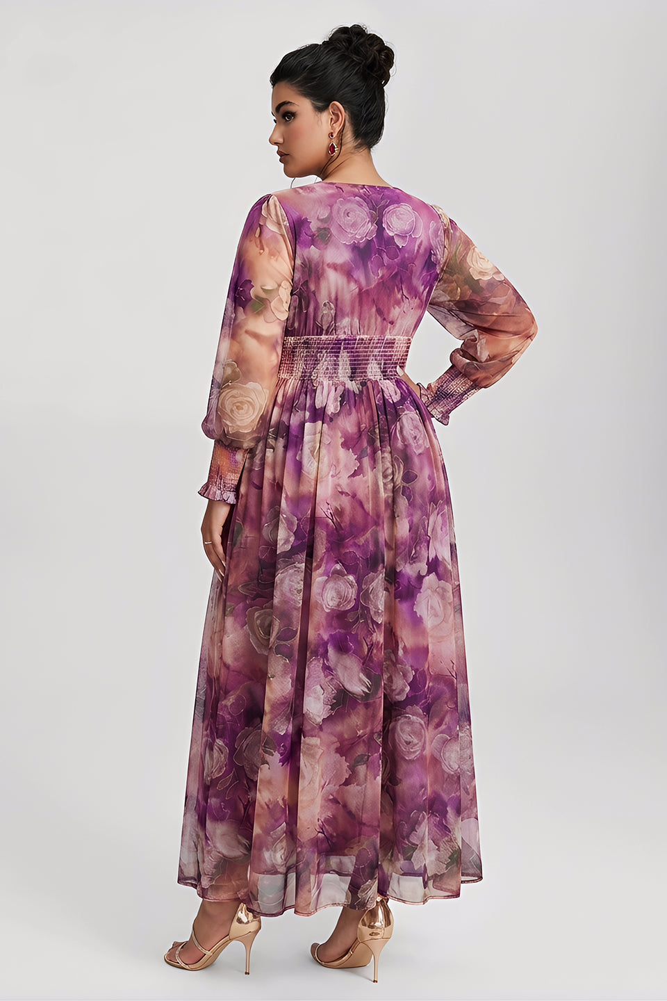 Curveins Plus Size V Neck Long Sleeve Floral Waist Maxi Dress