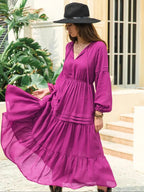 Women's Lantern Sleeve A-Line Maxi Dress, Spring & Summer Casual Long Dress, Plain Woven Fabric, Perfect for Outdoor Holidays