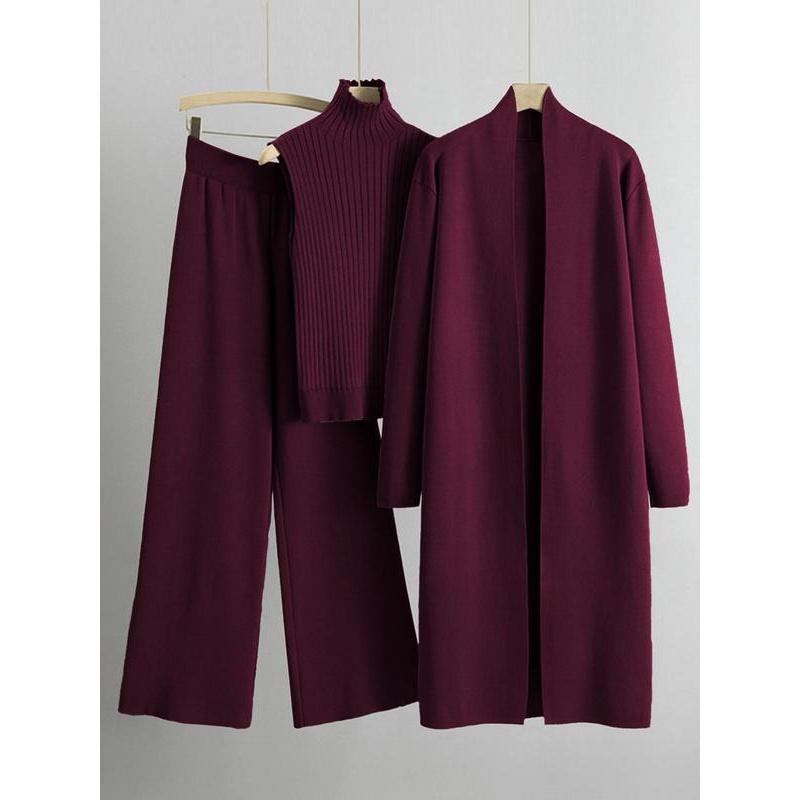 Trendy Knit Turtle Neck Tank & Wide Leg Trousers with Open-front Long Cardigan Three-piece Clothes Sets, Casual Womenswear