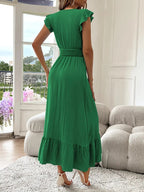 Women's Plain Shirred V Neck Dress, Elegant Fashion Casual Long Dress for Daily Outdoor Wear, Women's Dress for Summer