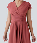 Casual midi dress, V-neck, short sleeves, side pockets, tie-back detail, quick-drying