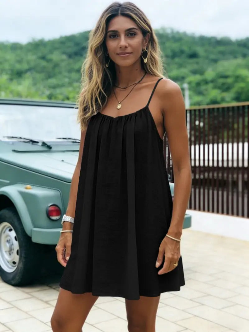 New Solid Backless Spaghetti Strap Short Dress