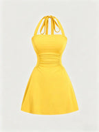 Women's Plain Ruched Tie Back Halter Neck Dress