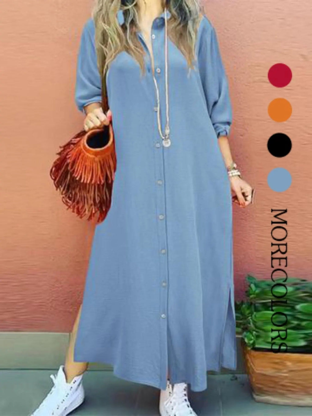 Women's Plain Button Shirt Collar Long Sleeve Dress, Collared Casual Fashion Long Dress for Daily Outdoor Wear, Women's Dress for Spring