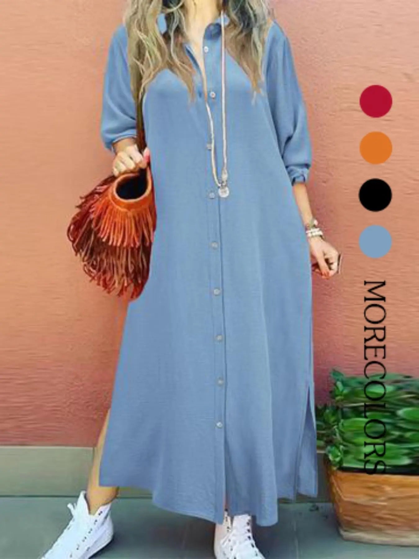 Women's Plain Button Shirt Collar Long Sleeve Dress, Collared Casual Fashion Long Dress for Daily Outdoor Wear, Women's Dress for Spring