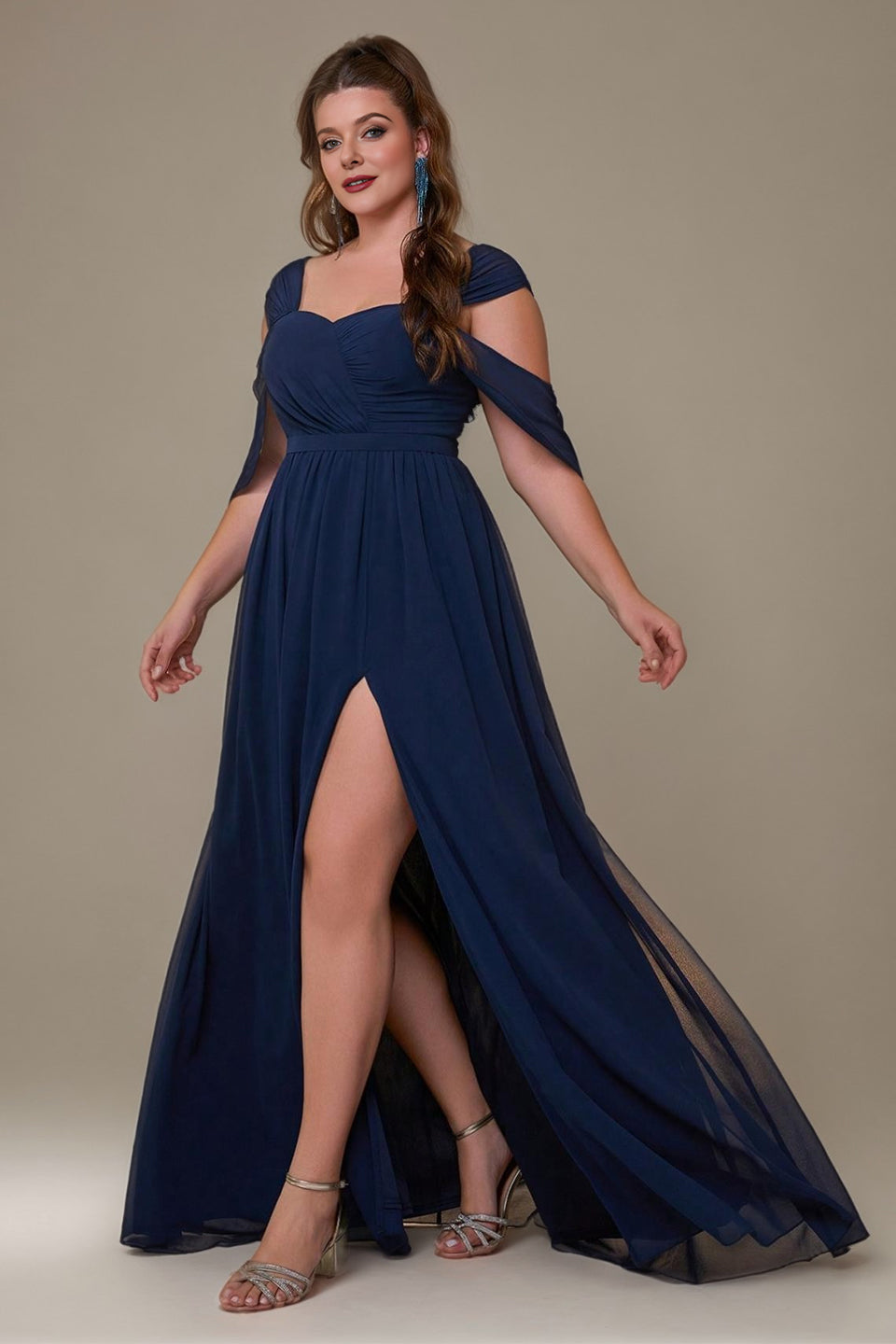 Curveins Plus Size Off-Shoulder Slit Waist-Defining Elegant Maxi Dress