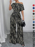 Women's All Over Print Tie Front   Jumpsuit, Casual Asymmetrical Neck   Jumpsuit for Spring & Fall, Women's Clothes for Daily Wear
