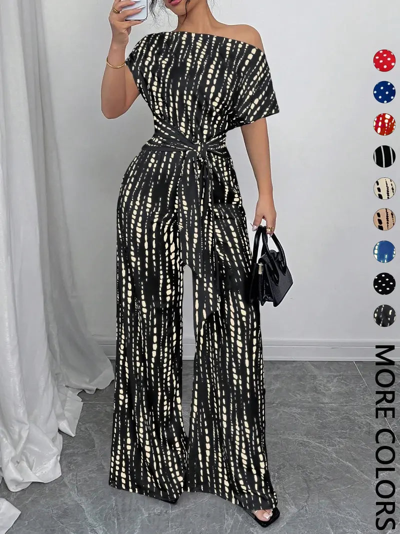 Women's All Over Print Tie Front   Jumpsuit, Casual Asymmetrical Neck   Jumpsuit for Spring & Fall, Women's Clothes for Daily Wear