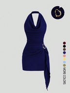 Women's Fashion Solid Color Ruched Halter Dress