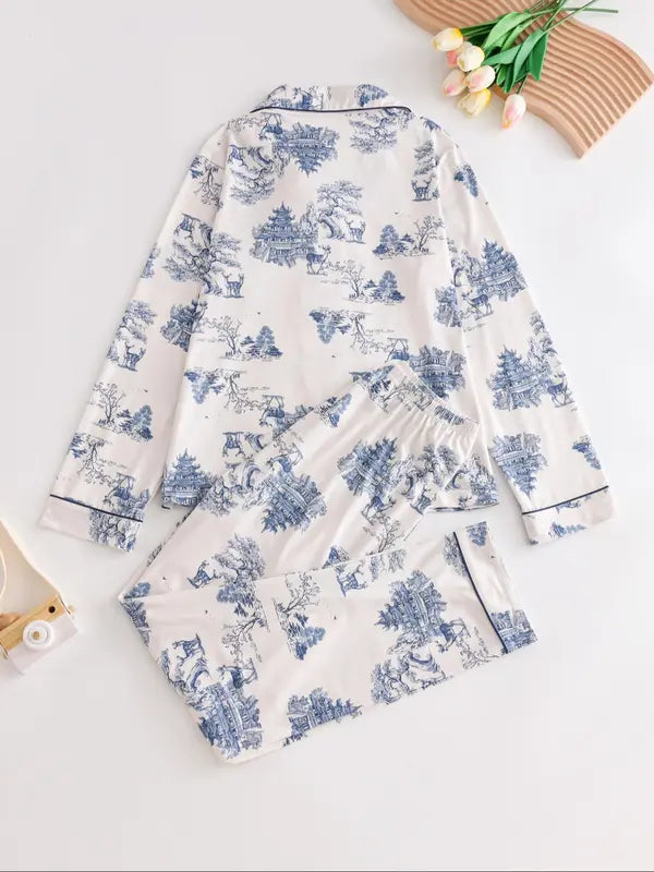 Two-Piece Set Women's All Over Print Button Front Pocket Lapel Shirt & Elastic Waist Pants Pyjama, Casual Comfy Long Sleeve Top & Trousers PJ Set, Women's Sleepwear for Spring & Fall