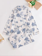 Two-Piece Set Women's All Over Print Button Front Pocket Lapel Shirt & Elastic Waist Pants Pyjama, Casual Comfy Long Sleeve Top & Trousers PJ Set, Women's Sleepwear for Spring & Fall