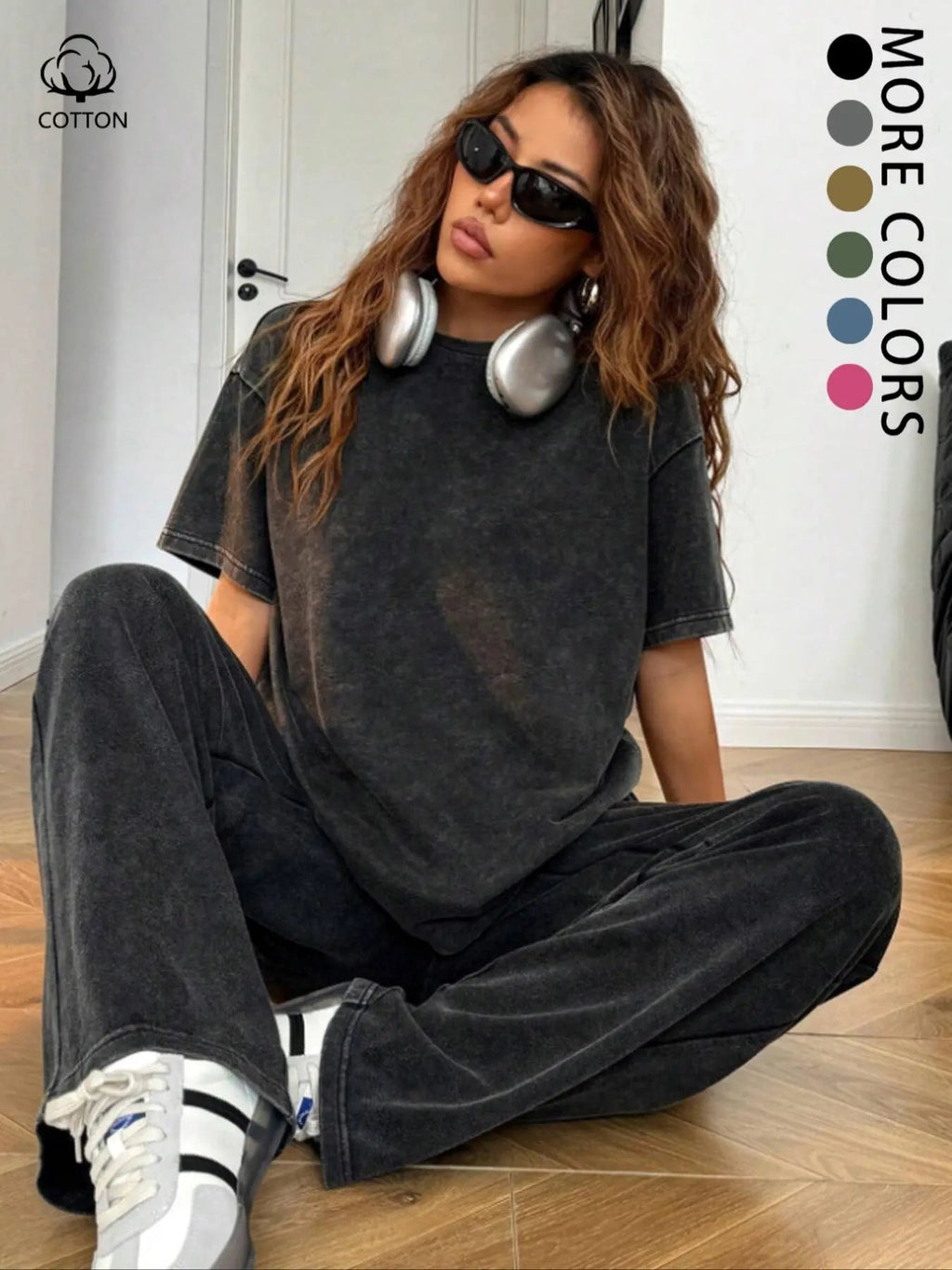 Women's Casual Loose Fit Acid Washed Cotton Short Sleeve T-Shirt and Long Pants Two-Piece Set, All Seasons, Plain Style