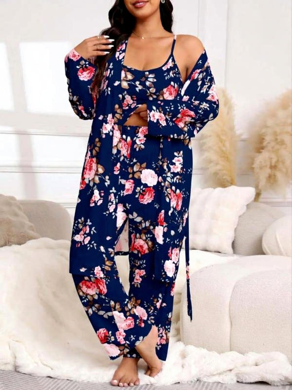 [Plus Size] Three-Piece Set Floral Print Belted Lounge Robe & Cami Top & Elastic Waist Pants Pyjama Set