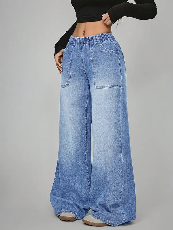 Women's High Waisted Casual Pants, Loose Wide Leg Jeans with Pockets, Elastic Waist, Button Front, All Seasons, Daily Wear