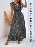 Women's Spring Summer Fashion Casual Floral V Neck Ruffle Waist Slim Bohemian Boho Style Dress, Long Cap Sleeve Fitted Wrap Dress for Vacation