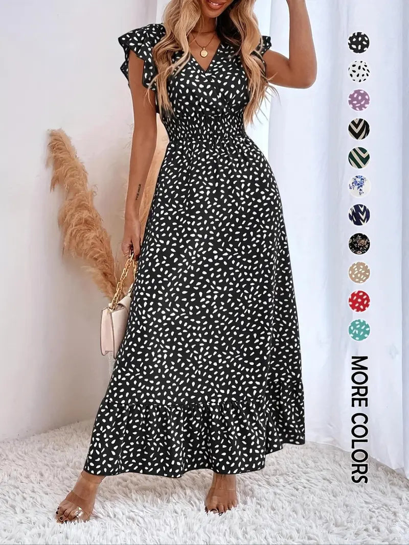 Women's Spring Summer Fashion Casual Floral V Neck Ruffle Waist Slim Bohemian Boho Style Dress, Long Cap Sleeve Fitted Wrap Dress for Vacation