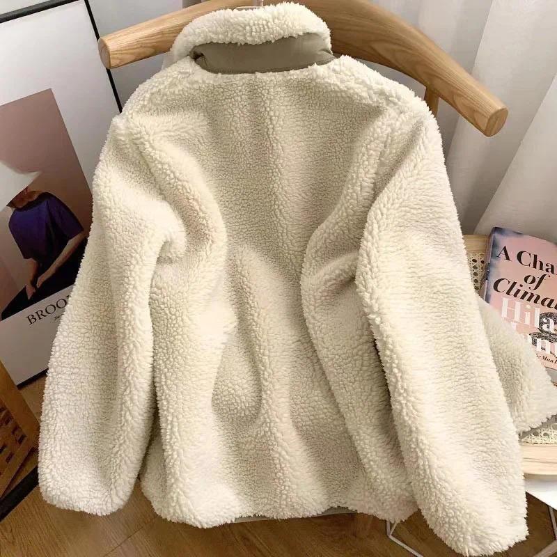 Fashion Lamb Plush Jacket Women's Autumn Winter New Pocket Zipper Long Sleeve Loose Stand Collar Comfort Warm Jacket for Women