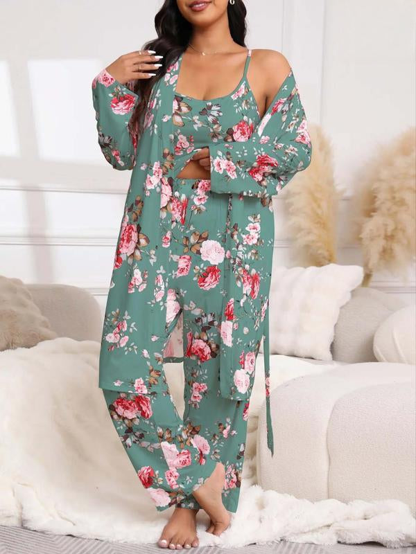 [Plus Size] Three-Piece Set Floral Print Belted Lounge Robe & Cami Top & Elastic Waist Pants Pyjama Set