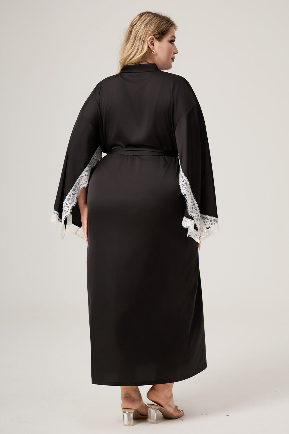 Curveins Plus Size Satin Chiffon Lace Trim Long Sleeve Elegant Robe Sleepwear