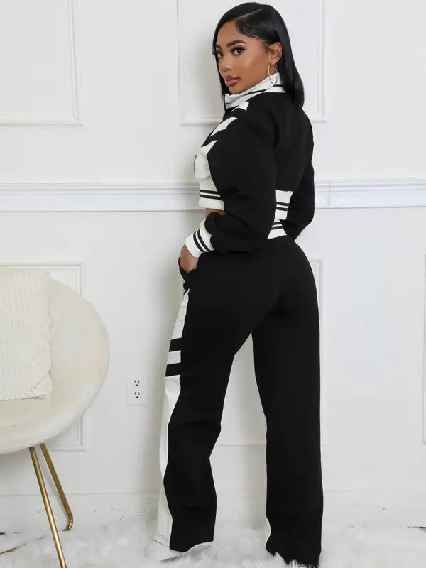 Women's Colorblock Print Zip Up Crop Jacket & Pants Two-piece Set, Casual Fashion Cozy Breathable Two Piece Outfits for Daily Outdoor Wear, Women Clothes for Fall & Winter