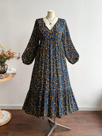 Plus Size Women's Floral Woven Dress, Fall Winter V Neck Tie Back Lace Trim Long Sleeve Maxi Dress, Casual Elegant Fashion