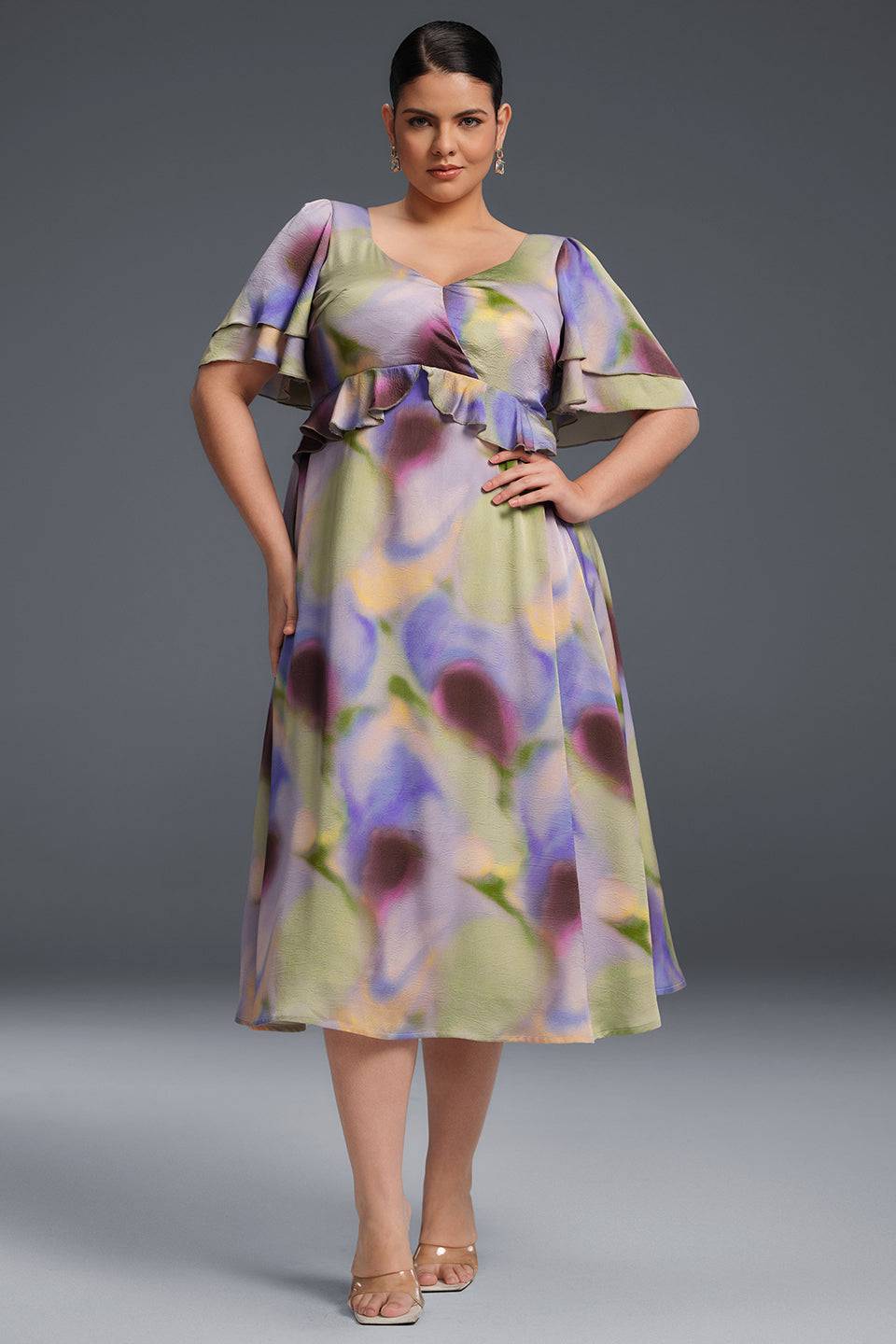 Curveins Plus Size V-Neck Double-Layered Ruffle Sleeve Maxi Dress