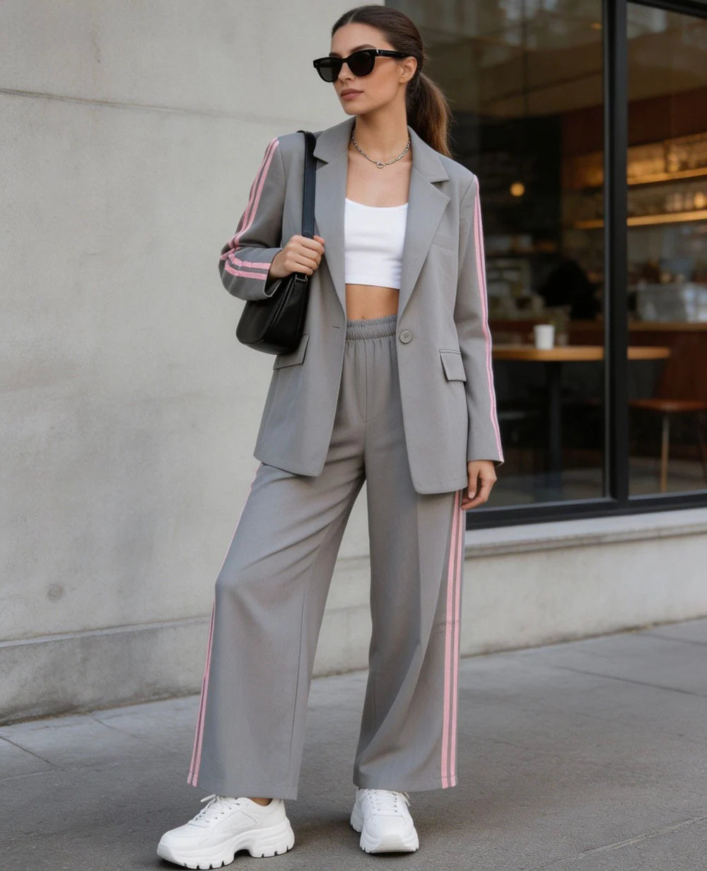 Classic Blazer and Coated Trousers Set with Front Buttons and Double Side Stripe—Ideal for Professional and Casual Looks