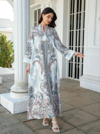 Women's V Neck Long Dress, All-Season Loose Fit A-Line Jalabiya, Soft 75D Stretch Fabric, Elegant Arabic Clothing