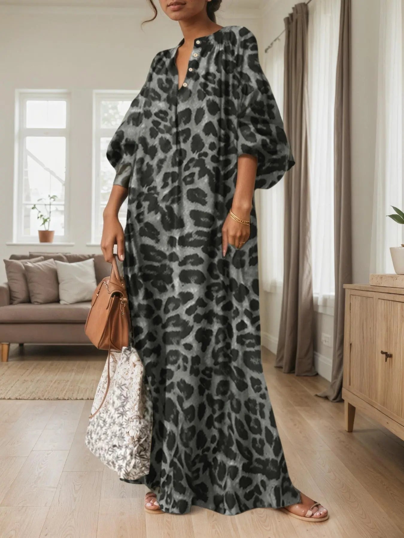 Women's Casual Boho All-Over Leopard Print Dress, Street Long Dress for Vacation Wear, Ladies Clothes for Daily Wear