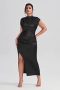 Plus Size Satin High-Waisted Black Maxi Dress