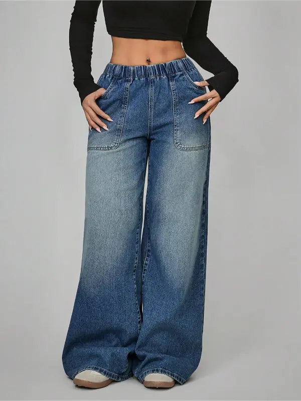 Women's High Waisted Casual Pants, Loose Wide Leg Jeans with Pockets, Elastic Waist, Button Front, All Seasons, Daily Wear